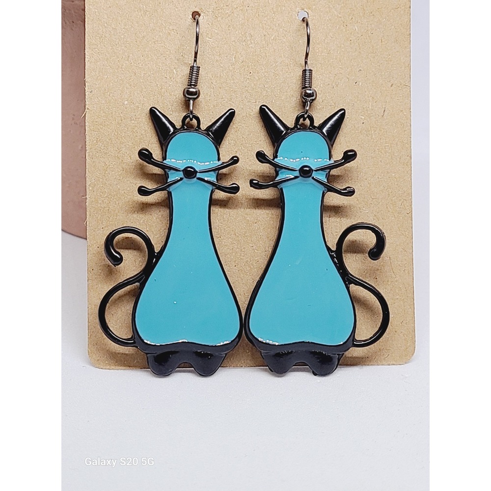 Turquoise‎ Blue Enamel Mid Century Modern Cat Dangle Earrings Retro MCM Feline